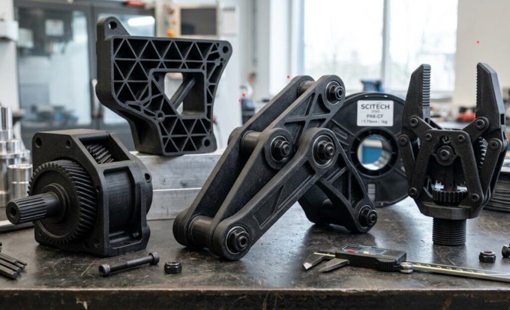 3D printing materials: A collection of functional 3D printed mechanical prototypes made from matte black Carbon Fiber Reinforced Nylon, demonstrating strength and rigidity
