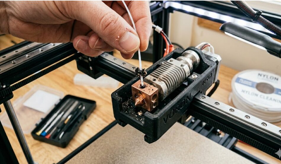 3D printer hotend during maintenance. A hand is carefully pulling a piece of specialized nylon cleaning filament upward, removing carbonized plastic debris from the nozzle.